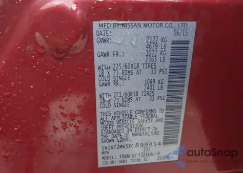 2015 Nissan Rogue Sl z USA, uszkodzony, nr VIN 5N1AT2MV5FC899454